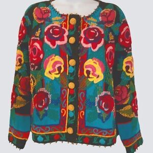 Michael Simon colorful vintage bright floral embroidered cardigan sweater size L